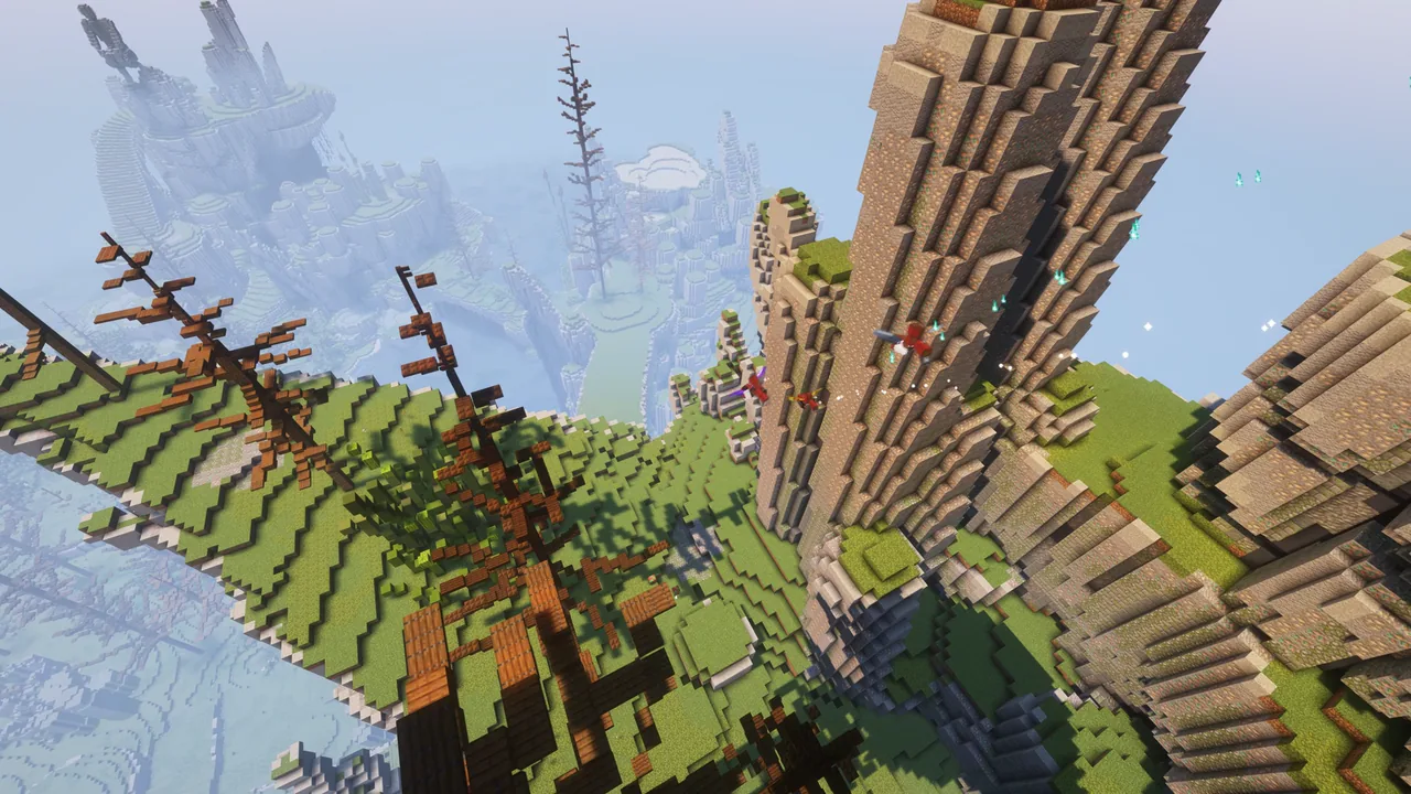 TerraIsland from the air: grass islands, stone spires and trees
